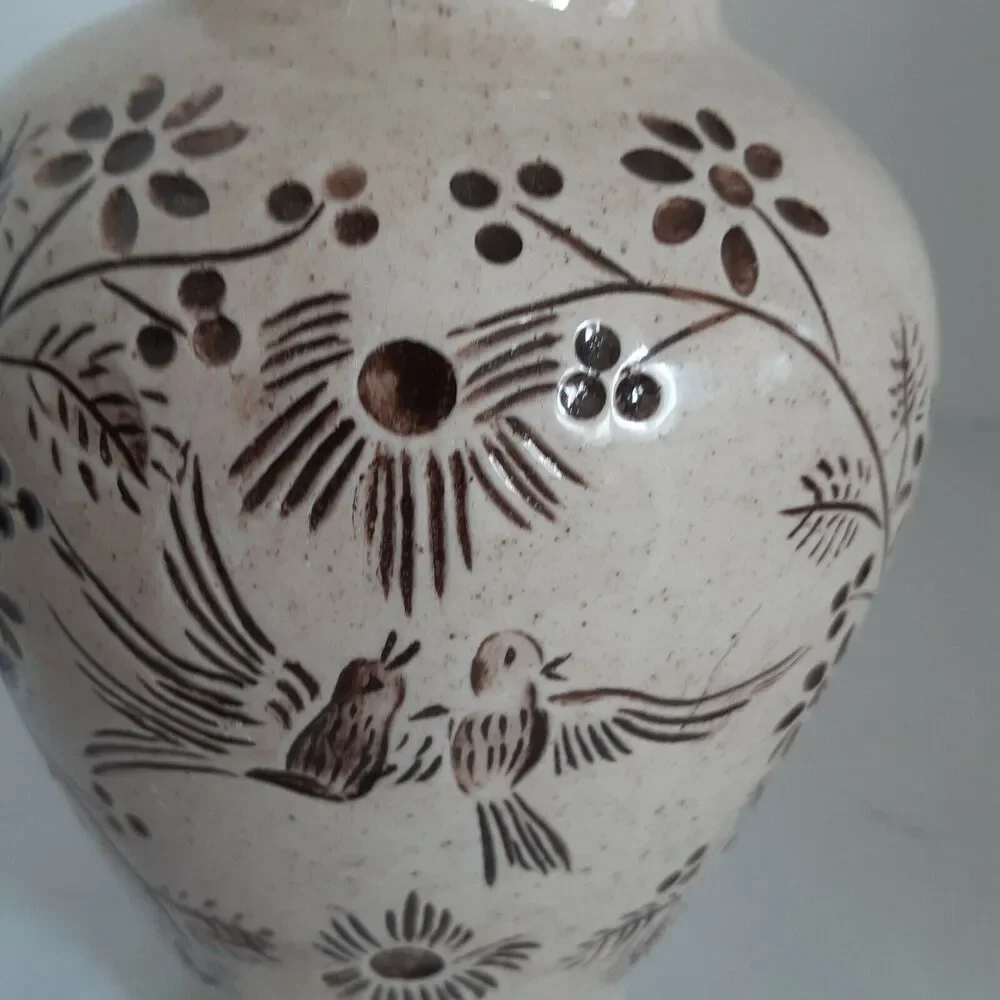 Student Art Hand Etched Pottery Urn With Lid, Mockingbirds Minimalist